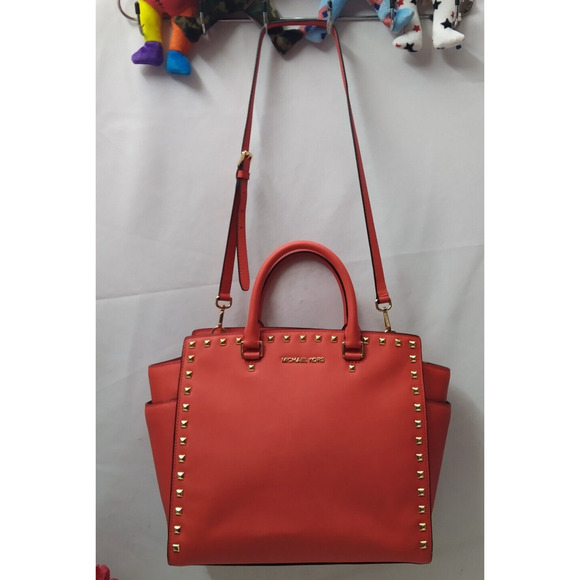 Michael Kors Selma Red Saffiano Leather Studded Top Handle Satchel Shoulder Bag - Picture 5 of 16